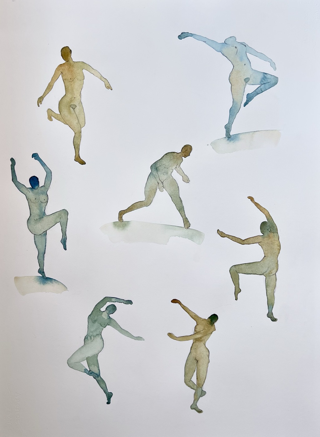 Watercolor figures in motion by Ina Schuppe Koistinen